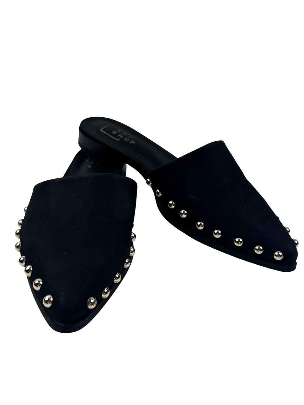 Shu Shop Trinity Black Gold Stud Detail Edgy Mules Women's Size 8.5